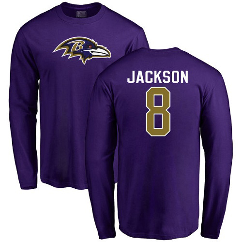 Men Baltimore Ravens Purple Lamar Jackson Name and Number Logo NFL Football #8 Long Sleeve T Shirt->baltimore ravens->NFL Jersey